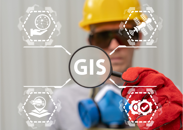 Security specialist holds a magnifying glass. Text reads G I S